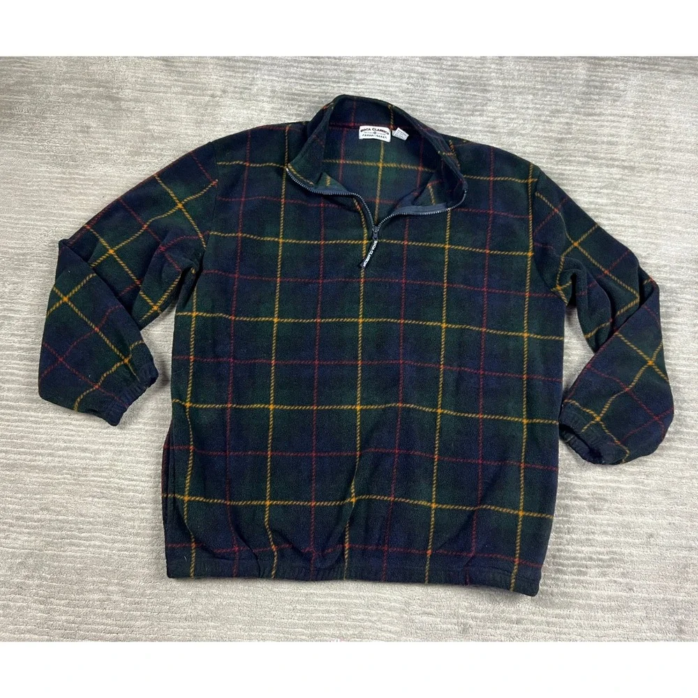 Boca Classics Fleece Pullover Mens XL Green Plaid Quarter‎ Zip Mock Neck Outdoor